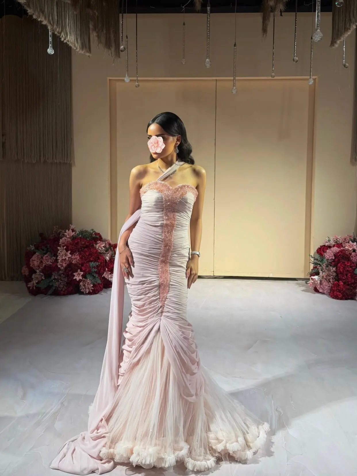 Aunber Pink Mermaid Sweetheart Evening Dresses Chest with Handmade Beads Shawl Train Chapel Train Exquisite Prom Party Gowns