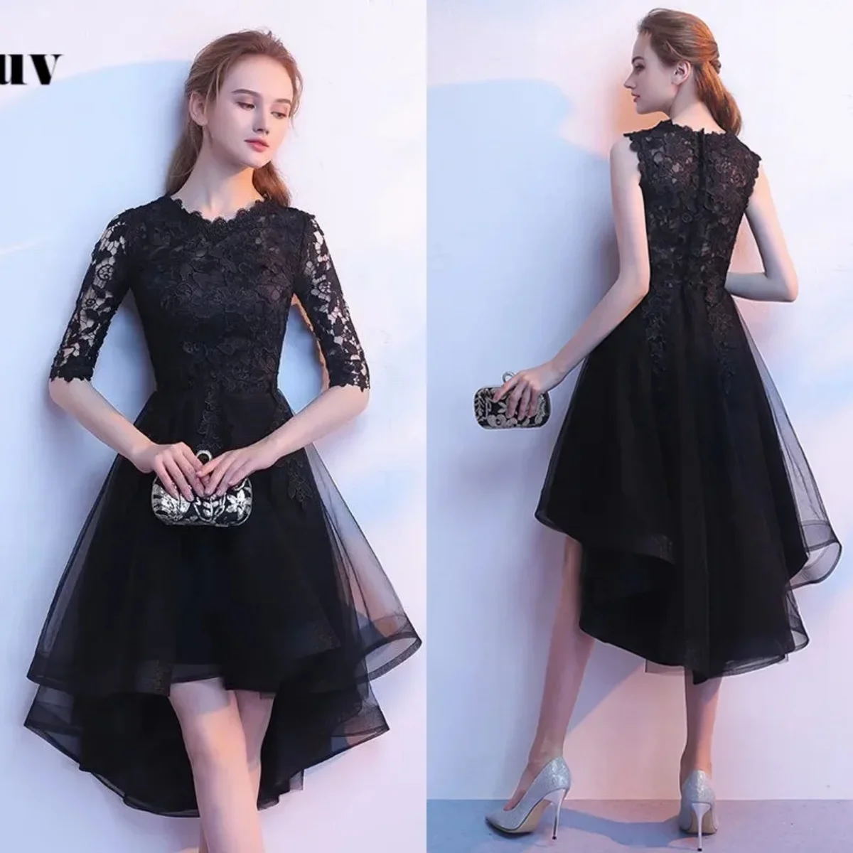 It's Yiiya Prom Dresses Black Embroidery Tulle O-neck Half Sleeves Zipper Vestido De Festas Tea-length Women Party Formal Gown