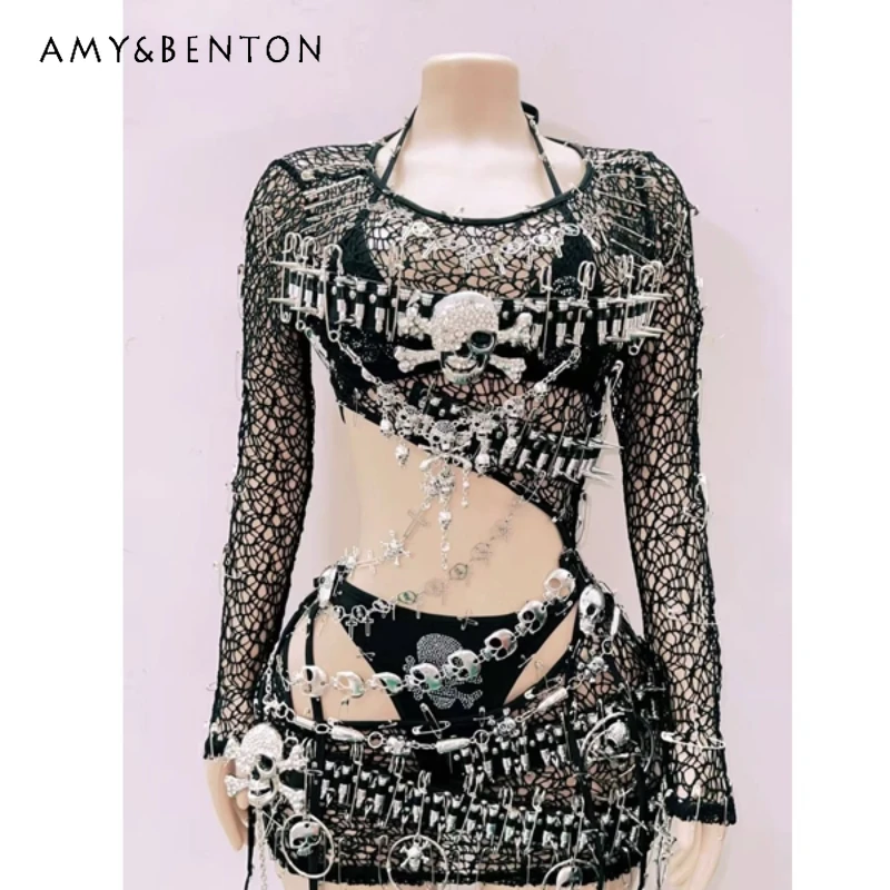 

Осенний новый женский топ в стиле панк с темной цепочкой неправильной формы, европейско-американский дизайн, сексуальная короткая юбка с вырезами, женский комплект