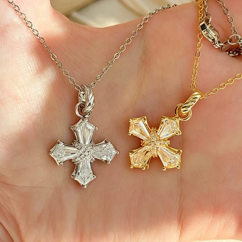 Heavy Industry Ladder Square Zircon Cross Necklace For Women Vintage Detachable Universal Buckle Collarbone Chain KOFSAC
