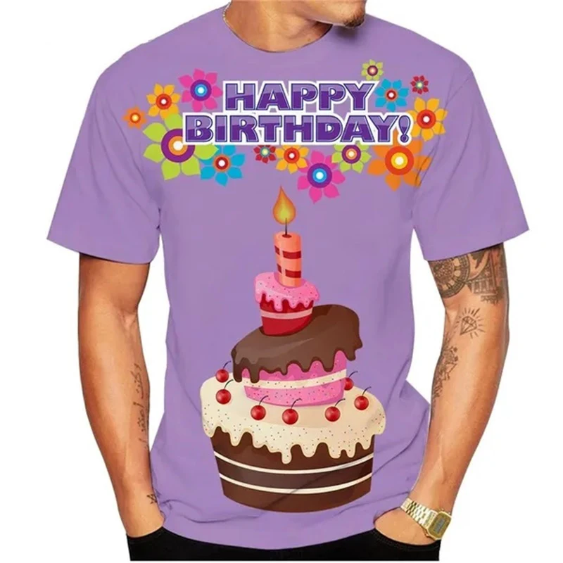 Happy Birthday Cake Graphic 3D Print T Shirt Men Women New Short Sleeve T-shirts Oversized Harajuku Y2K Tees Tops Kids Clothing