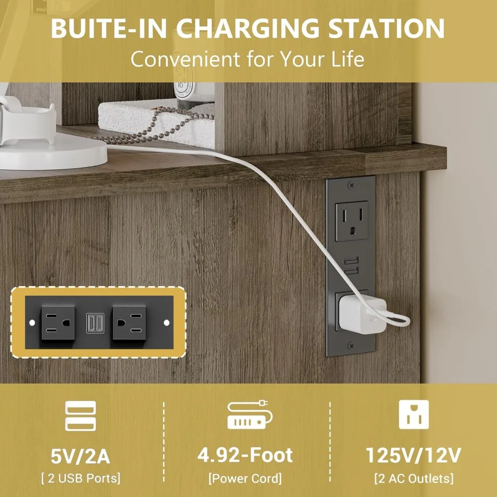 مكتب مكياج مع مرآة، مجموعة طاولة تزيين رمادية مقاس 43 بوصة، 5 أدراج، كرسي، مخرج طاقة، 3 أوضاع إضاءة، مكياج حديث