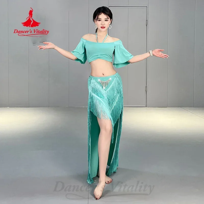 Belly Dancing Practice Clothes Sexy Flared Sleeve Top+Tassel Long Skirt 2pcs Adult Oriental Dance Professional Training Clothing