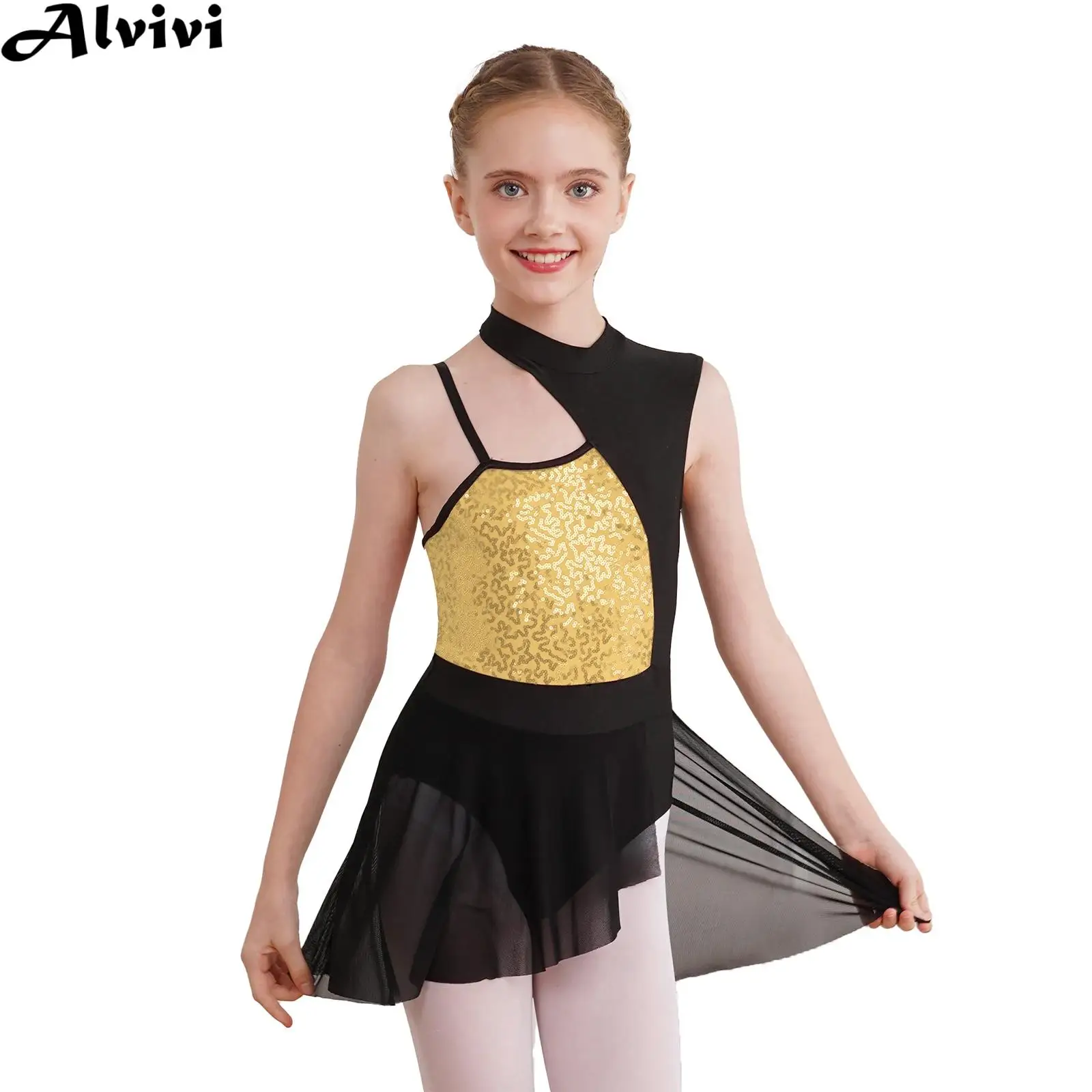 Kids Girls Figure Skating Dress Ballet Gymnastics Lyrical Dance Leotard Sleeveless Shiny Sequins Sheer Mesh Tutu Party Dancewear