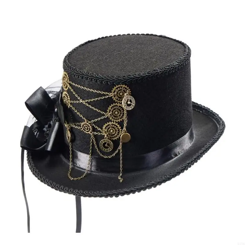 L5YA Steampunk-meisjeshoed met platte hoed Halloween-kostuumhoed met tandwielketting en verendecors