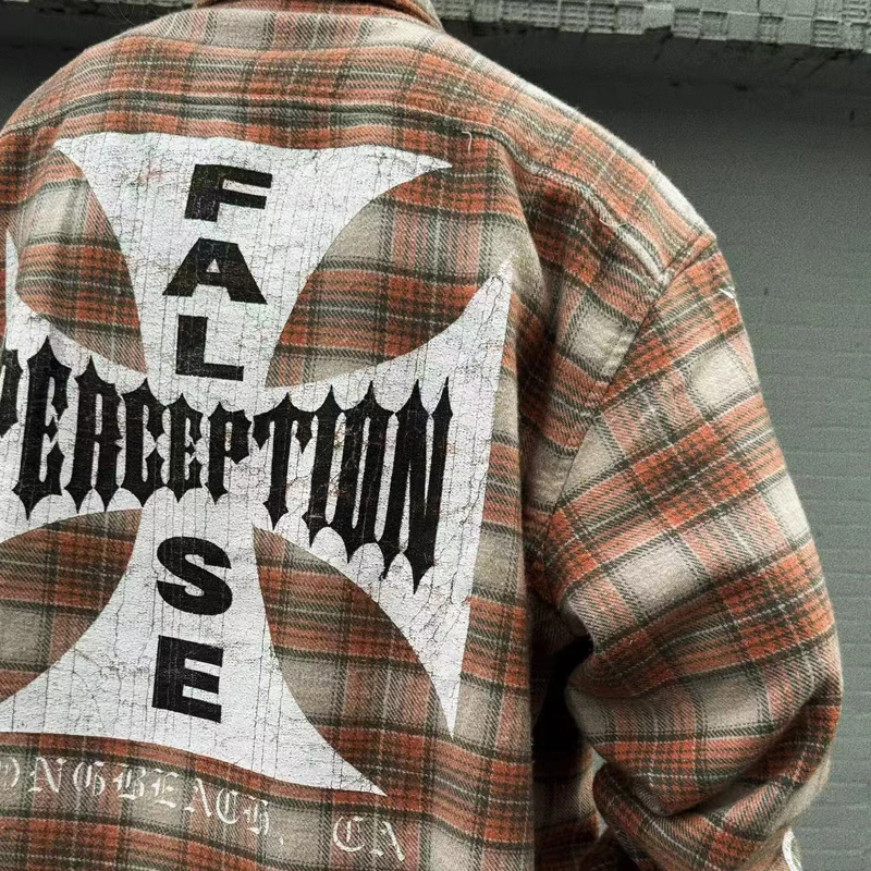 الرجال فحص قميص غير رسمي الخريف جديد التلبيب زر سترة الساحل الغربي المروحيات الرجعية غسل شرابة كل مباراة تي شيرت