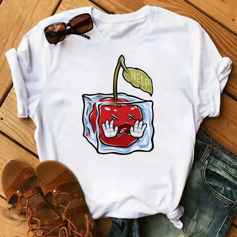 Cherry ice cubes Fruit Graphic hot sale Summer Fashion Cartoon streetwear Print Women Short Sleeve Casual Tops Tees