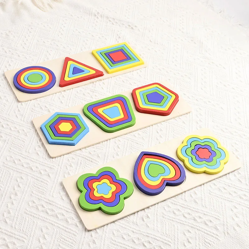 Children's Rainbow Geometric Shape Cognitive Matching Wooden Stereoscopic Baby Early Education Puzzle Toy