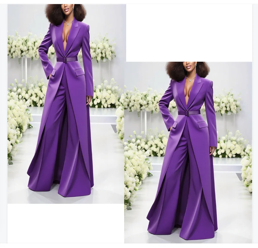 Purple Women Suit Set 2 Pcs Long Blazer+Pants Cotton Formal Office Lady Jacket Customized Wedding Tuxedos Prom Dress Coat