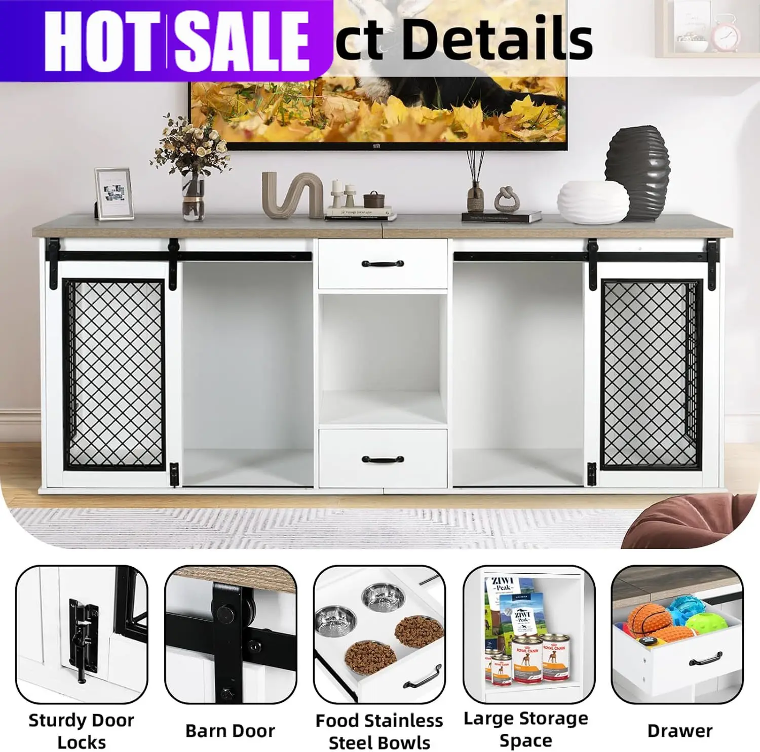 

Мебель-вольер для собак Essential for Pets, очень большой, 85 дюймов, с раздвижной дверью, двойной вольер для 2 крупных собак с разделителем, прочный деревянный, усиленный.