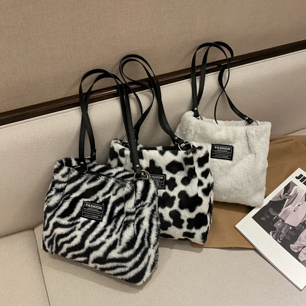 Women Faux Fur Handbag Soft Furry Shoulder Bag Zebra/Cow Pattern Fluffy Satchel Bag Cute Tote Handbag Girl Stylish Purse