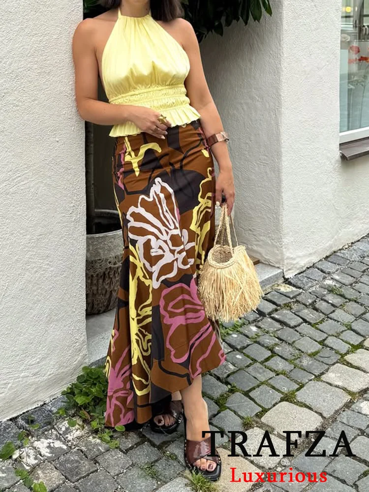 

TRAFZA Vintage Boho Chic Women Skirt Asymmetrical Print Zipper Long Skirt New Fashion 2025 Summer Autumn Female Long Skirt