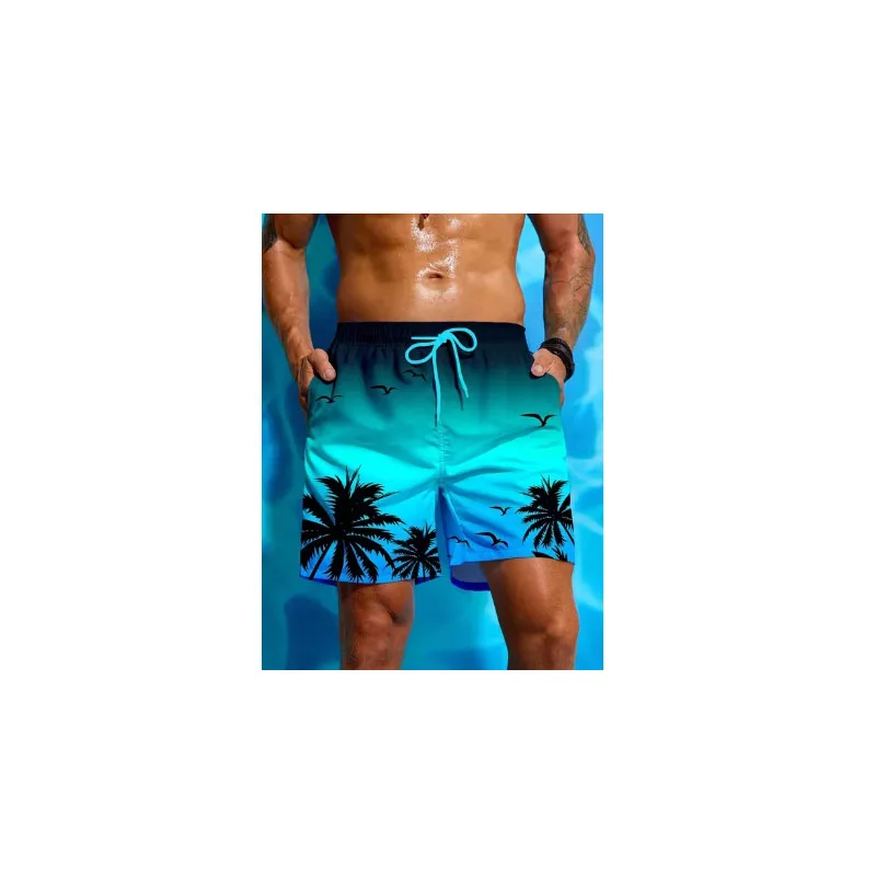 Summer Vacation Men's Palm Tree Print Drawstring Waist Board Shorts Fashion Swim Trunks 3D Print Breathable Short Streetwear