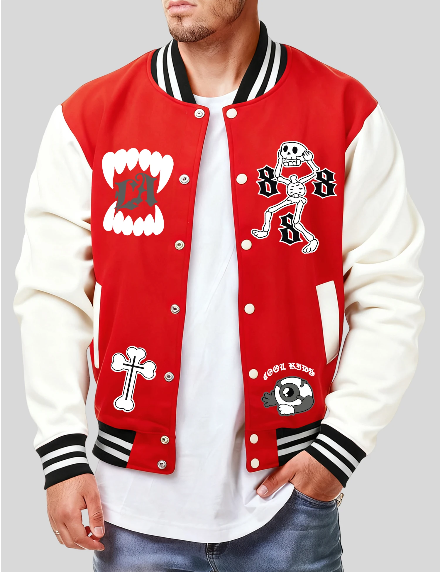 

Twisted Skeleton Man Print Mens Jacket Fashion Loose Baseball Jersey Soft Casual Streetwear Autumn Fleece Male Retro Clothing