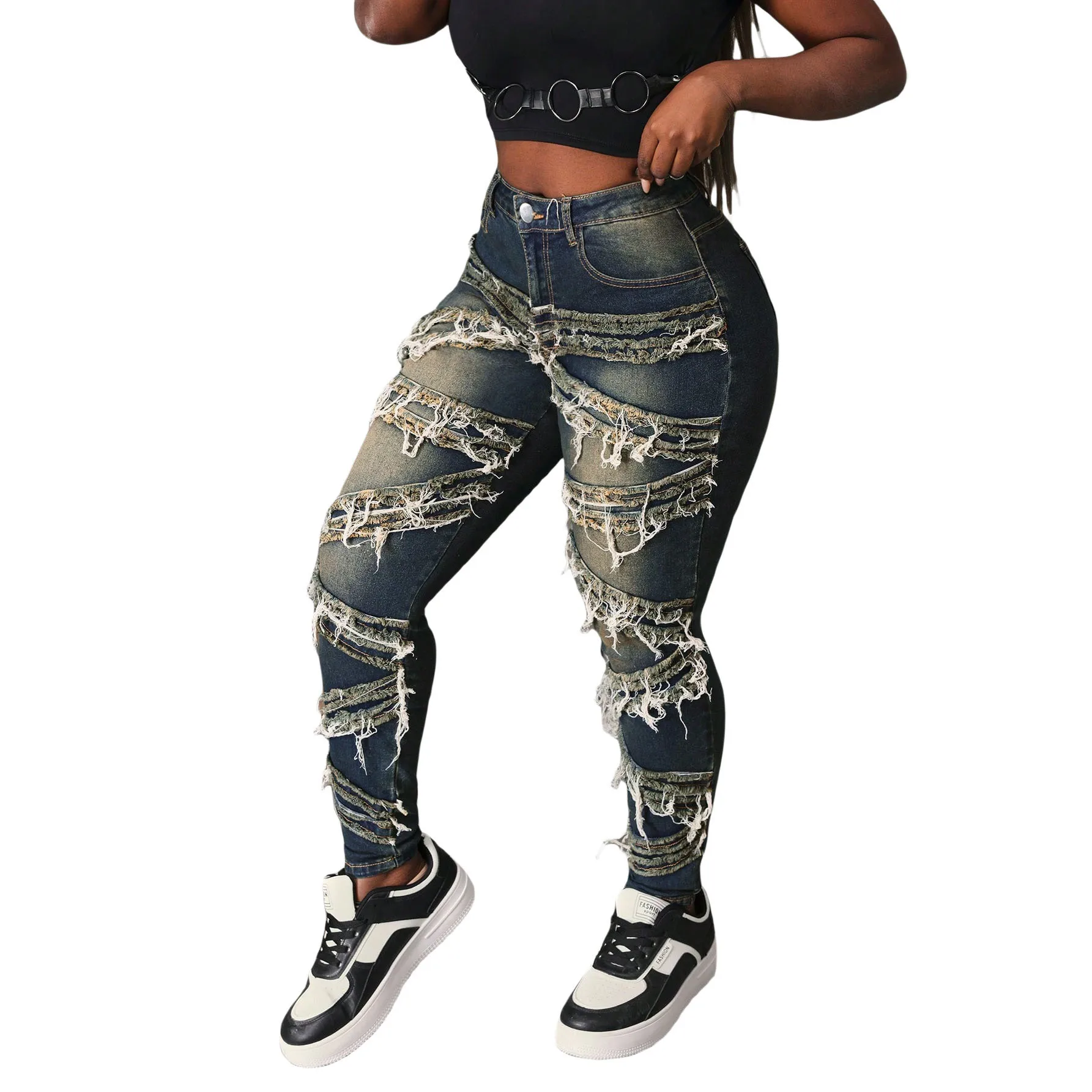 유럽 ​​미국 여성 스트리트 패션 청바지, 사계절 스트레치 슬리밍 고양이 수염 하이 웨이스트 스키니 청바지 펜슬 바지