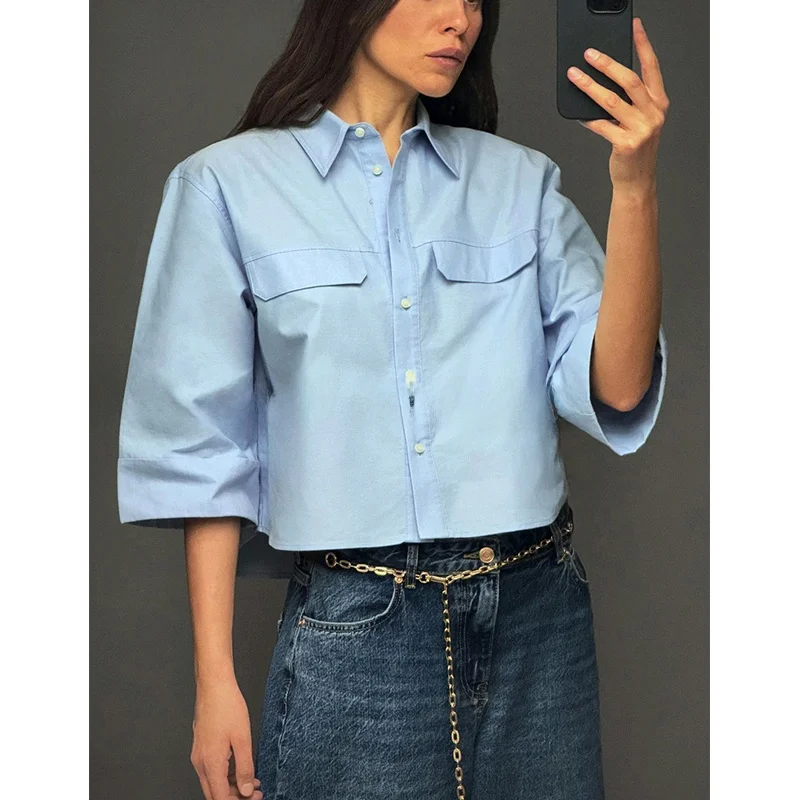 

Spring New Arrival Women's Ox irt Casual Long Sve Turn-down Collar Loose Fit Top Commute Sle ort Length Co...