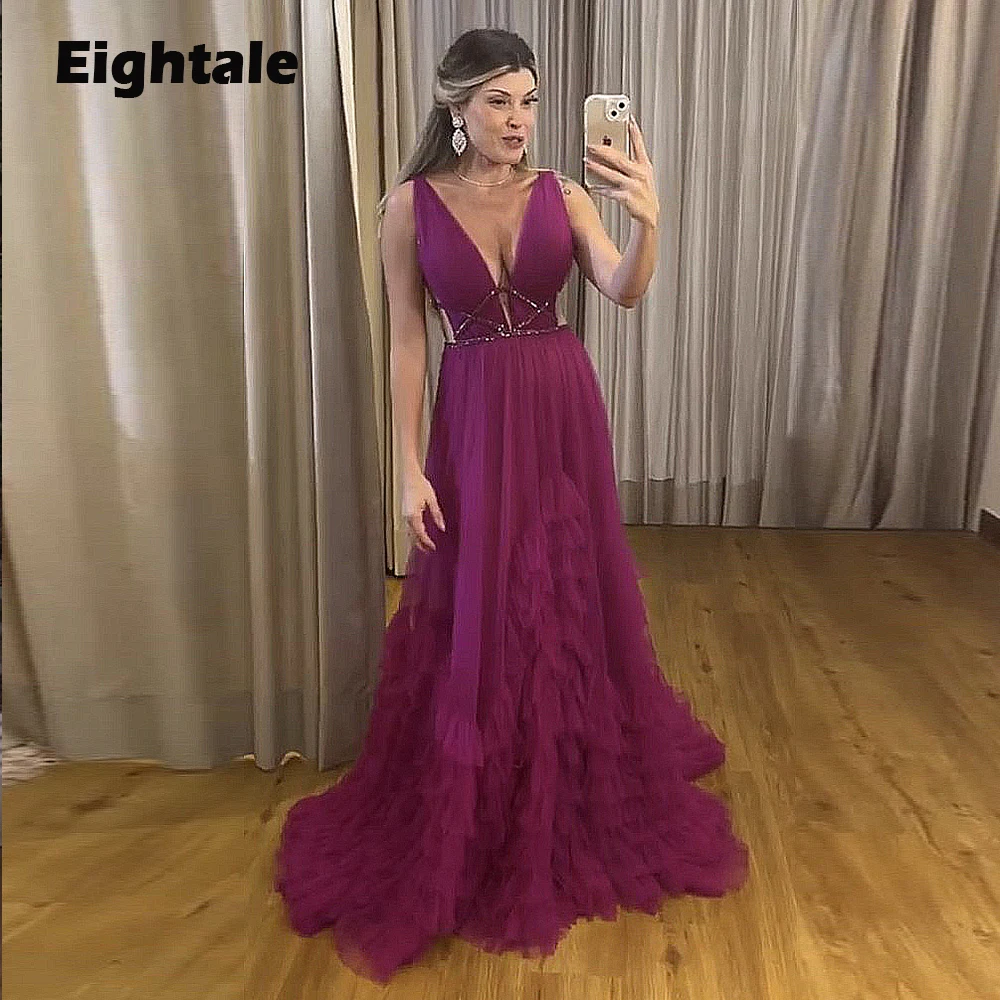 

Eightale Sexy Prom Dresses Deep V-Neck Beaded Ruffled A-Line Tulle Backless Long Arabic Evening Gown for Wedding Party