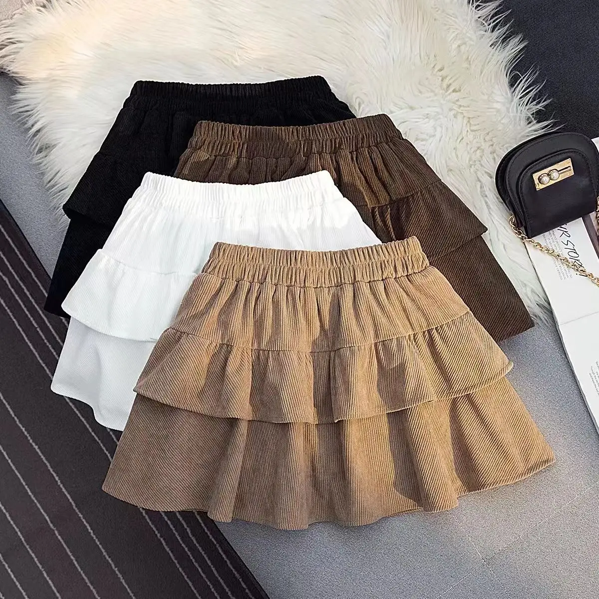 Vintage Solid High Waist Slimming Cake Skirt Autumn Winter Korean Fashion Short Elastic Corduroy A-line Skirt Woman 2024 Trend