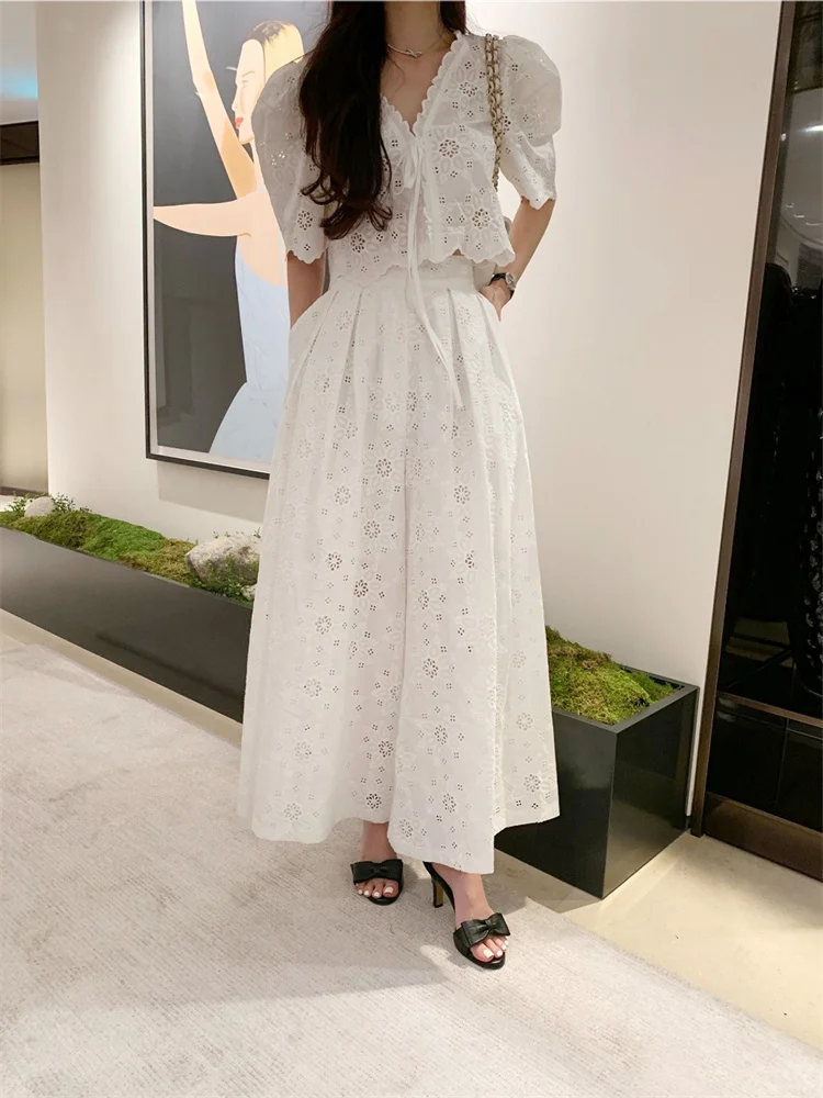 Boho Styke Dress Sets Summer Holiday Hollowed Out Lace Embroidery +high Waisted Pleated Midi Skirt White Two-piece Set for Women