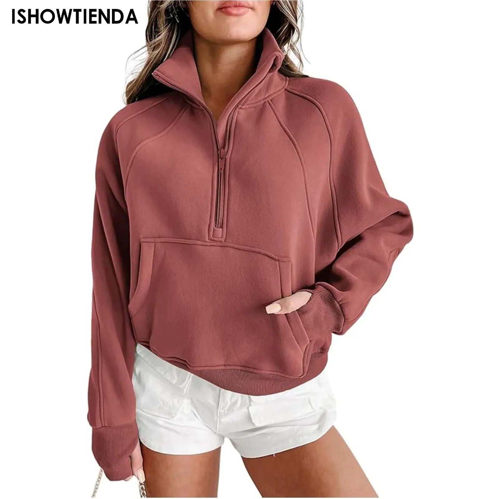 

Stand Collar Casual Sweatshirts Half Zip Women Cropped Pullover Thumb Hole Overzised Hoodie Solid Color Plus Size Sports Outfit