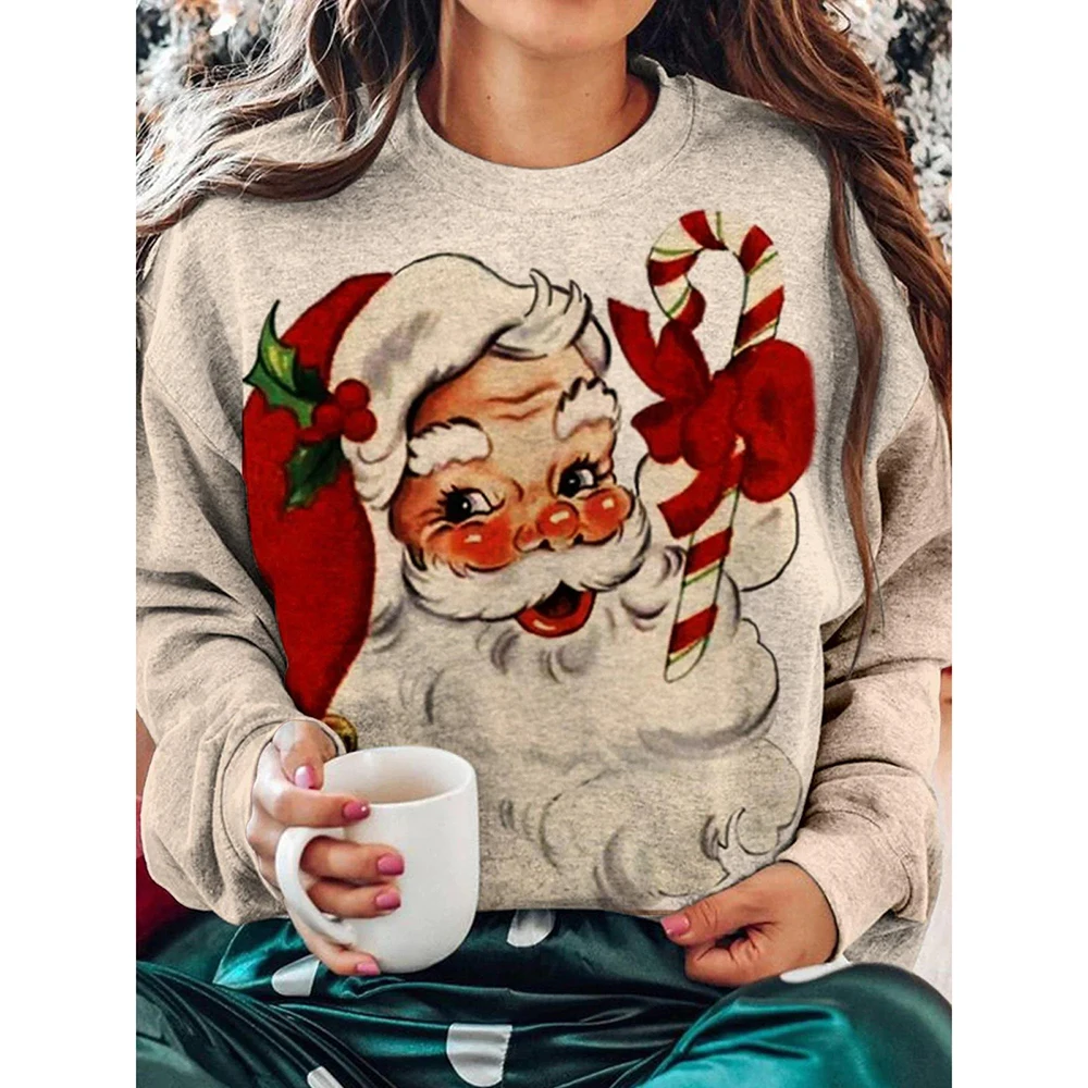 Women's Sweatshirt Christmas Print Design Autumn Thin Sweatshirt Girls Christmas Bow Gift Holiday Premium red Hoodie Santa Claus