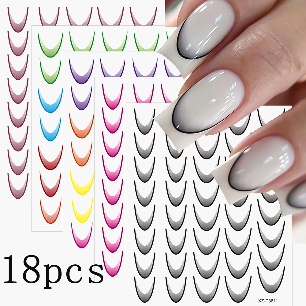 18Pcs 3D Gradient French Line Nail Stickers Black White Colorful Stripe Lines Adhesive Sliders Manicure French Tips Nail Decals