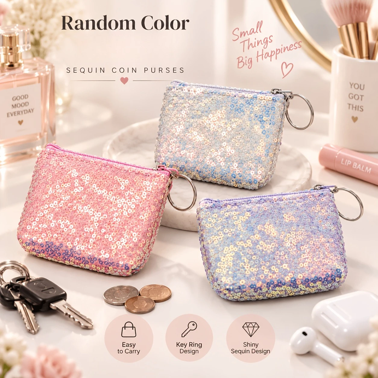 Glitter Coin Purses With Key Rings, Sparkling Zippered Change Bags Mini Wallets, Storage Pouch For Cards Headphones Lipstick