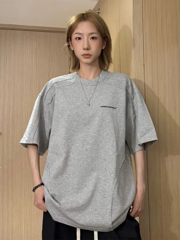 Grey Deconstructed Shoulder Short Sleeve Men's T-Shirt Heavyweight Rigorous Small Collar Half Sleeve American Style Summer Fa...