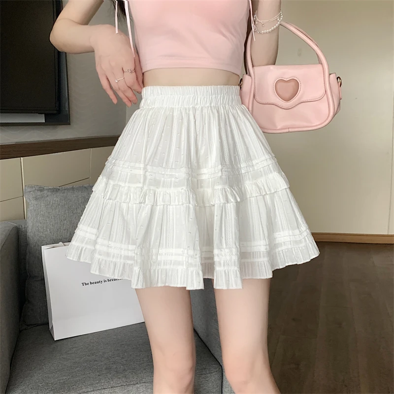 

Coigarsam Women Short Skirt Spring 2024 Cute Flounced Striped High Waist White Skirts