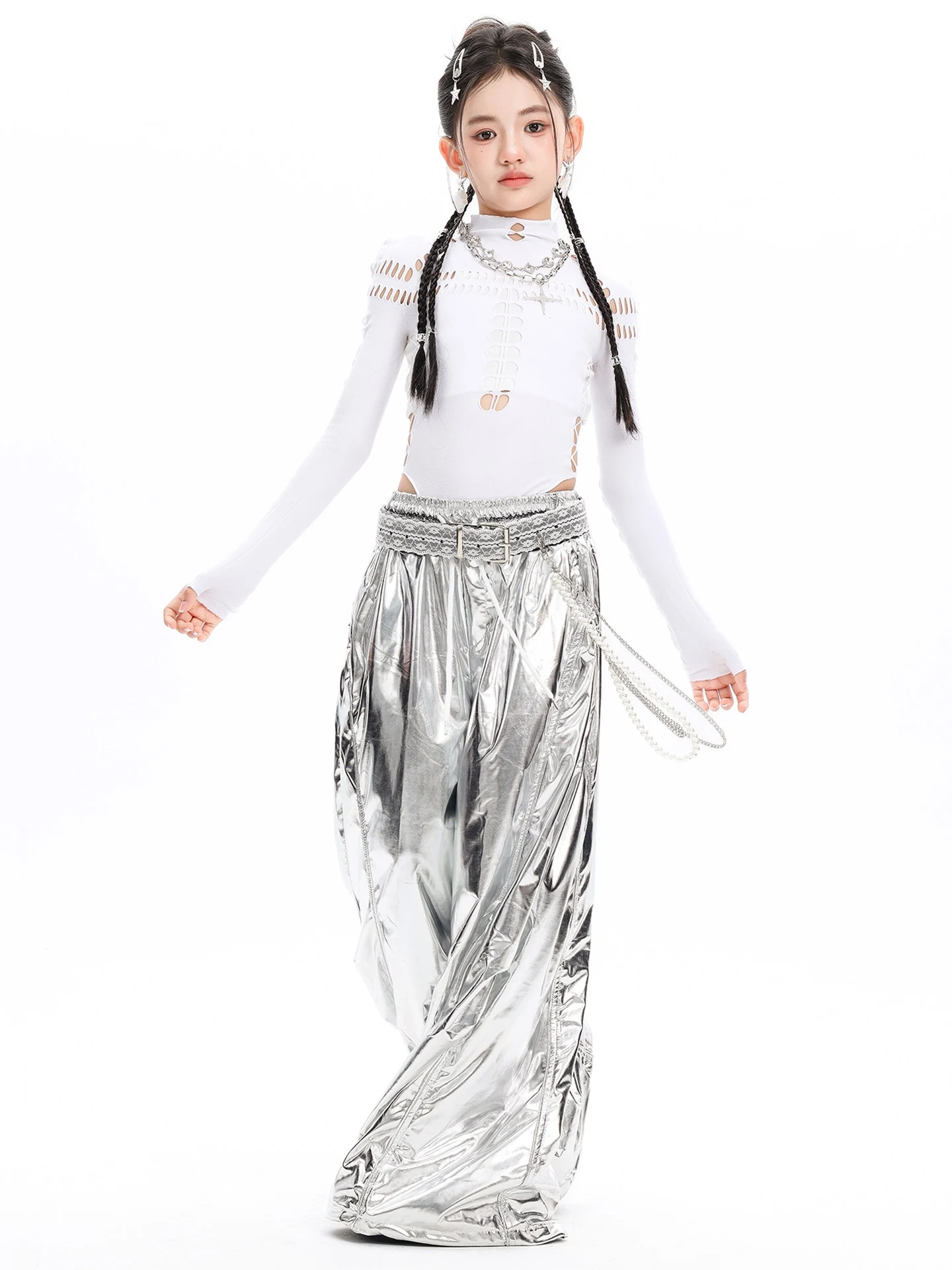 2026 Kids Jazz Dance Clothes Girls White Tops Silver Hiphop Pants Long Sleeves Fashion Runway Concert Kpop Show Outfits BL20341