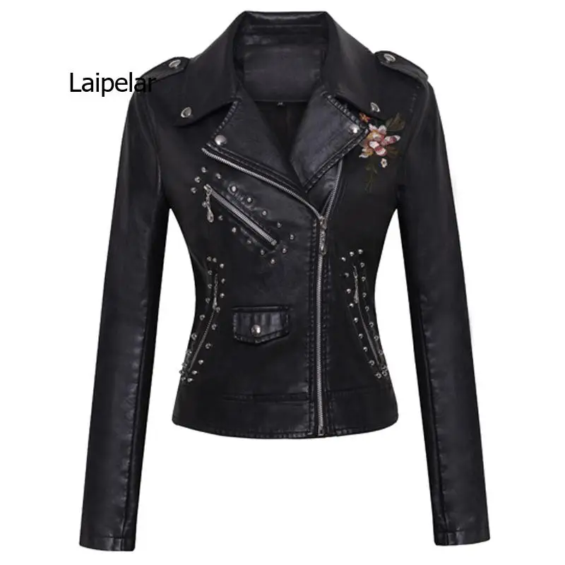 

Autumn Flowers Embroidery Pu Leather Jacket Women Turn-down Collar Rivet Zipper Black Biker Coats Tops Clothes Ropa De