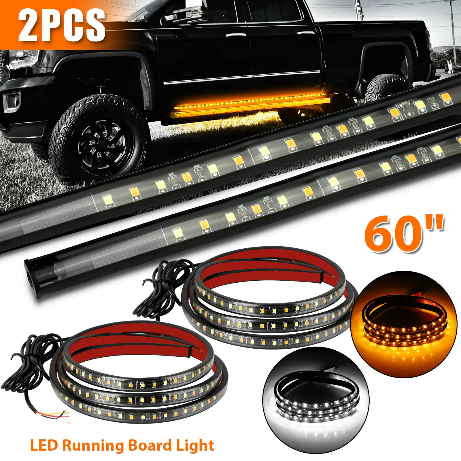 2x Car Headlights, Side Pedals, Flowing Light, 60 Inch Pickup Truck, Side Mounted Steering, Yellow Light, Flowing Running Lights