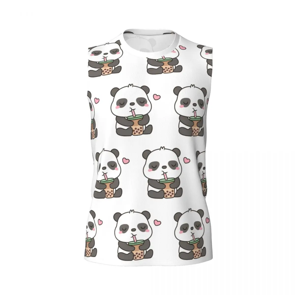 Cute Little Panda Enjoying Boba T Men Printed Sleeveless T-shirt Casual Hip Hop Street Style Beach Holiday Tank Tops