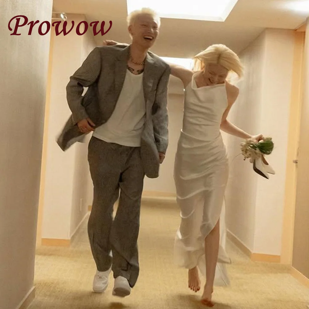 

Prowow Simple Halter Mermaid Wedding Dresses Pleats Silk Satin Floor Length Bridal Gowns Customized Sleeveless Korea Photoshoot