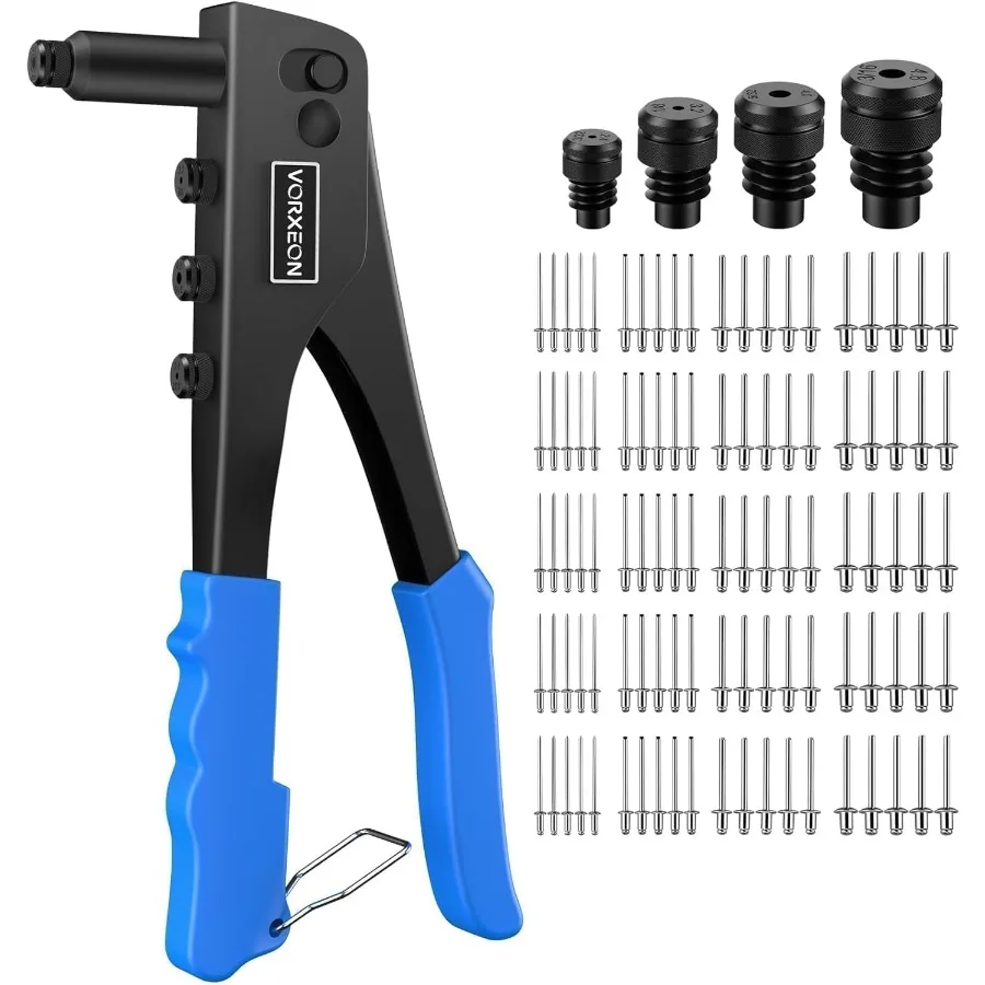ヘビーデューティーハンドリベッターツールキット、プロ仕様ポップリベットガン、100個のリベットと4種類のノーズピース（サイズ3/32、1/8、5/32、3/16）付き