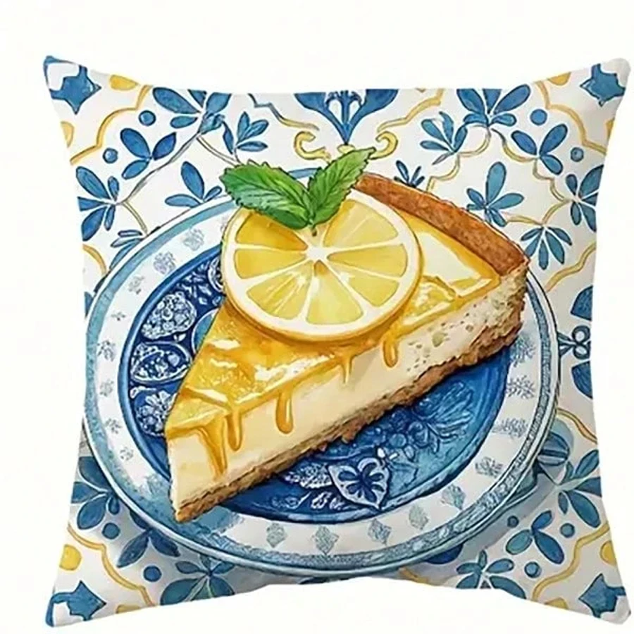 1pc Mediterranean Lemon Pie & House Pillow Cover 2D Double-Side Print Polyester Cushion Case for Dining Room Farmhouse Summer Bi