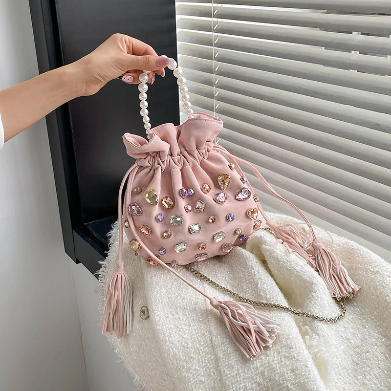 Fashion Rhinestone Tassel Bucket Handbags Women's High End Trend Drawstring Pearls Chains Messenger Bag Elegant Lady Party Bags