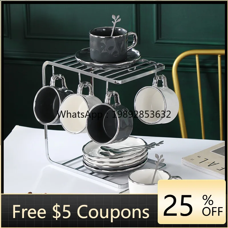 

European-style silver coffee cup set, ceramic high-end light luxury with shelf, spoon, latte cup light luxury gift box