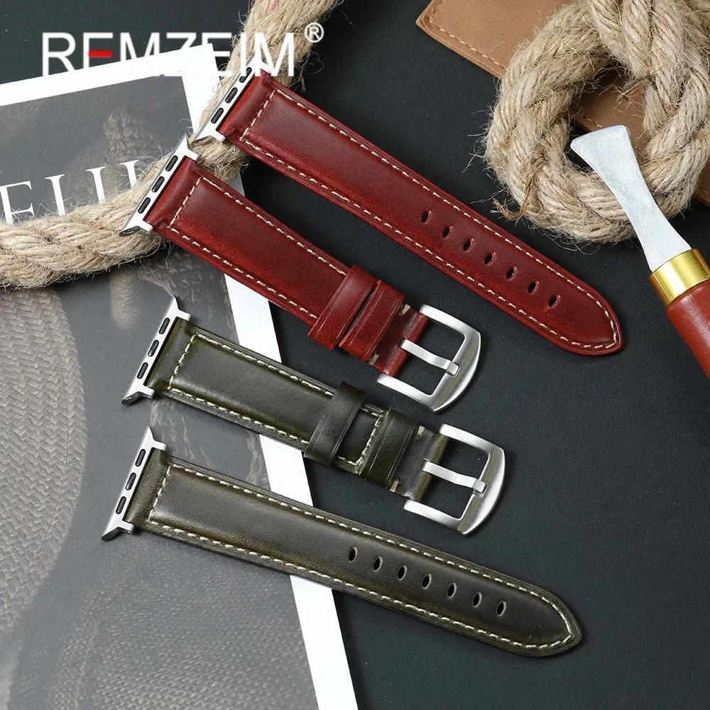 Herrenarmband für Apple Watch 1–11 Ultra SE 3 2, Ölwachs, Verfärbung, Lederarmband für Iwatch 38/40/41/42/44/45/46/49 mm