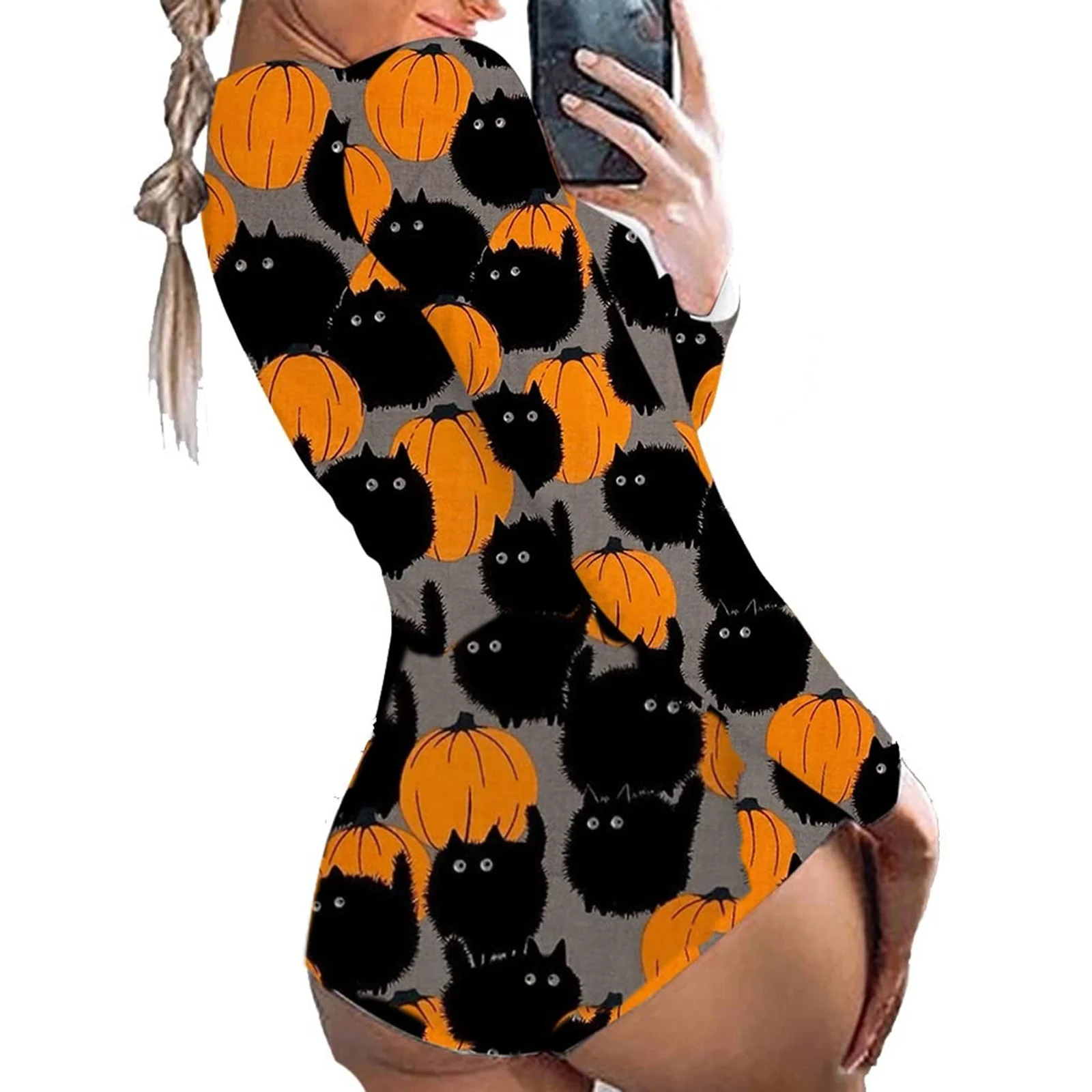 HEZIOWYUN-bodysuit feminino de Halloween, apertado, cabido, impressão de abóbora, botão baixo, gola V, manga comprida, macacão para festa, clube