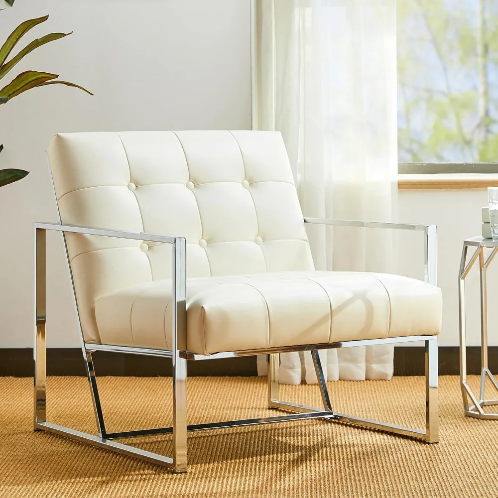 

Mid Century White Accent Chair, Modern Living Room Armchairs with Durable Metal Frame,PU Leather Cushioned, Reading Armchairs f