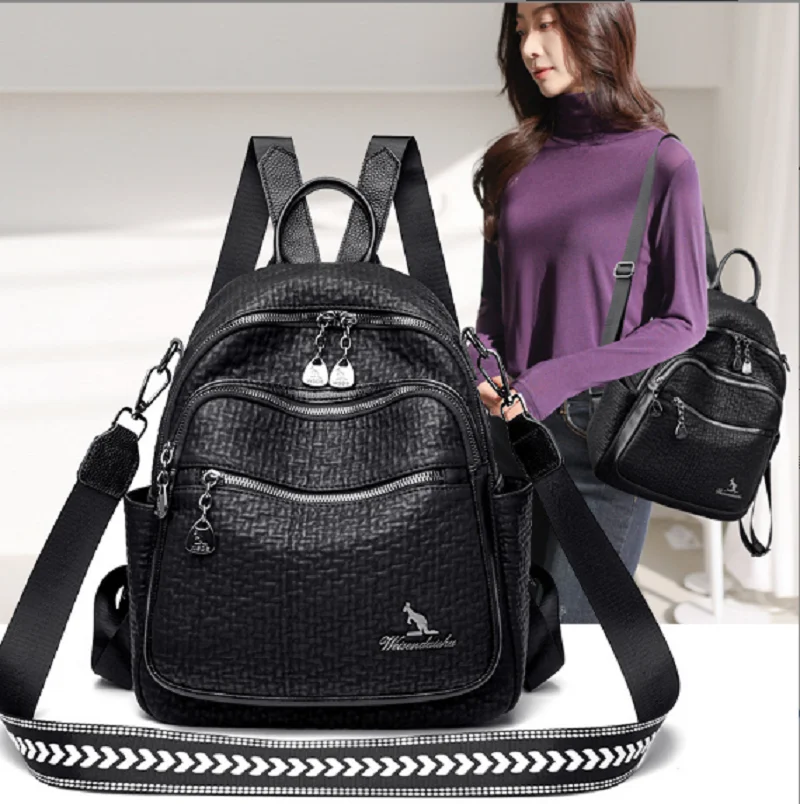 Wholesale High Quality Soft Leather Backpacks Women Zipper Double Shoulder Bags Large Capacity Fashion Travel Backpack Schoolbag