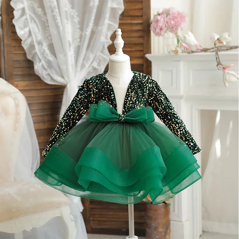 2025 new fashion bow puffy dress carnival birthday high-end performance clothing Girls sequin long sleeved princess dress