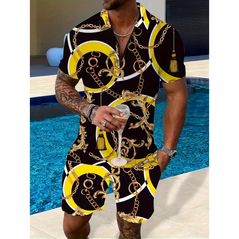 POLO Suit Two-piece European and American Men's Summer Lapel Zipper Printed Short Sleeve Shorts Chain Series