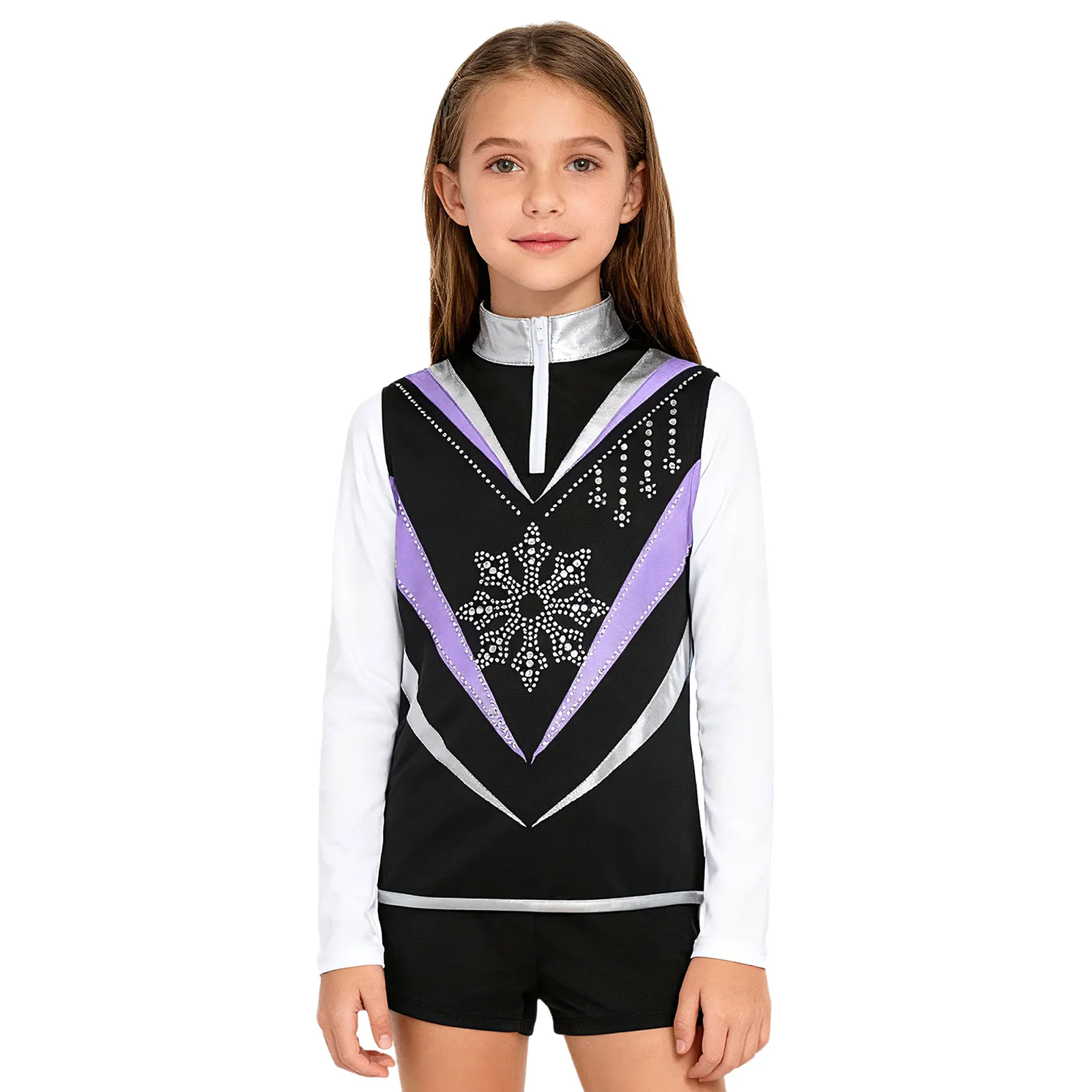 

Kids Girls Figure Ice Skating Vest Dance Top Shiny Snowflake Zip-Up Stand Collar Sleeveless Contrast Color Training Costume