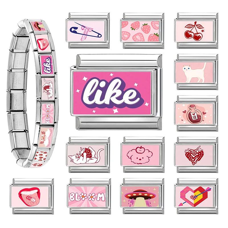 2025 Pink An Arrow Pierces The Heart Cats Fruit Italian Link Fit 9mm Stainless Steel Bracelet Making DIY Charm Jewelry Wholesale