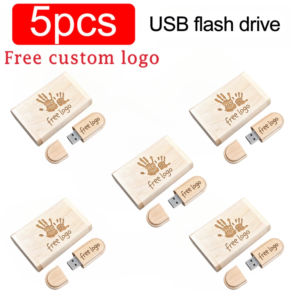 5pcs/lot Wooden Box USB Flash Drive USB 2.0 Free Custom Logo Pen Drive 128GB 64GB 32GB Memory Stick Photography Wedding Gifts