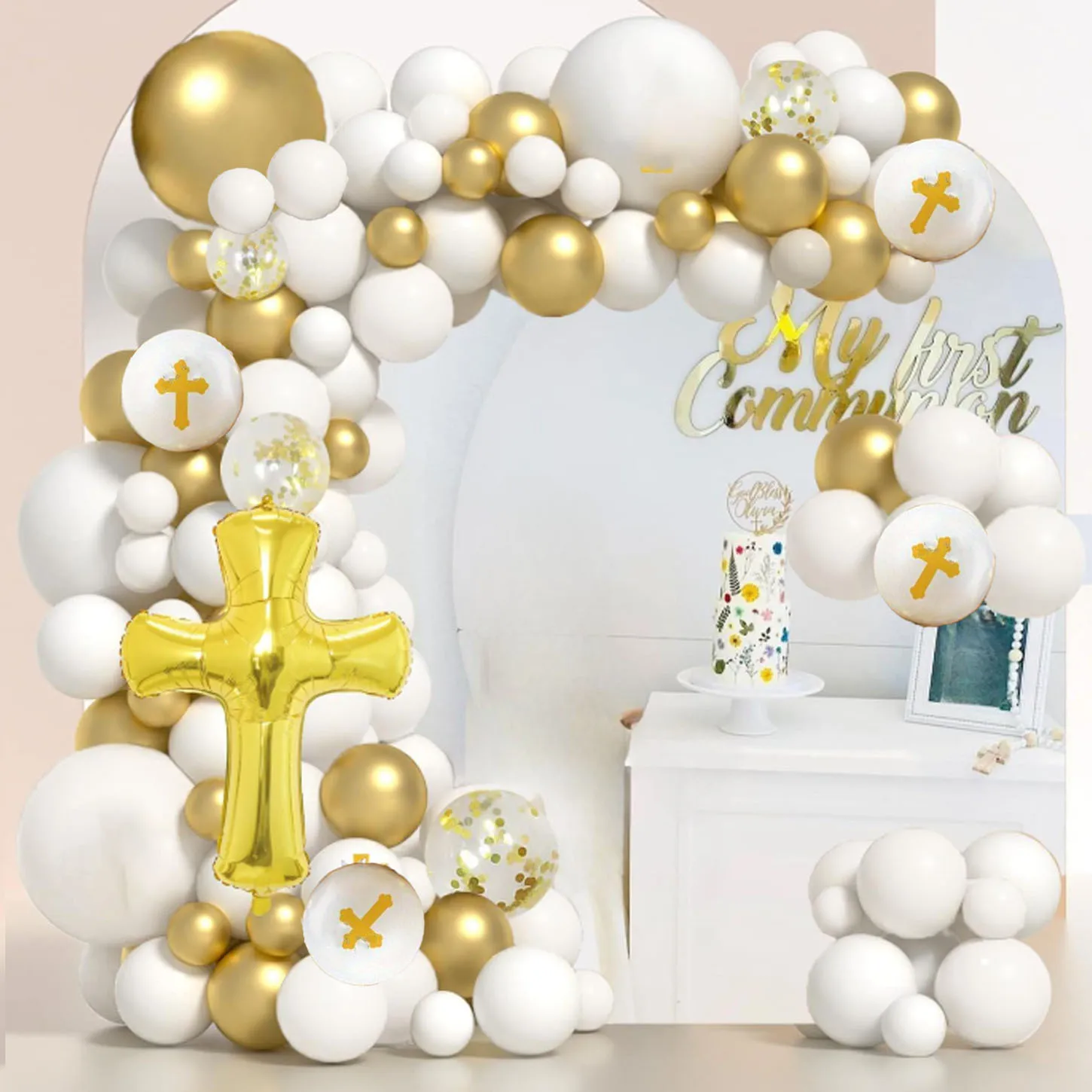 100pcs White Gold First Communion Balloon Garland Arch Kit for First Communion Decoration,God Bless Christening Party Decoration