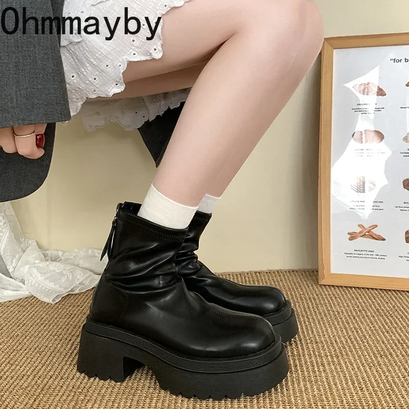 Chunky Women Short Boots Fashion Back Zippers Shoes 2024 New Autumn Winter Thick Heel Women\'s Ankle Booties