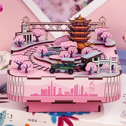 DIY Wooden Cherry Blossom Music Box Model Building Kits Can Move Snow City Magic 3D Jigsaw Puzzles for Friends Birthday Gifts